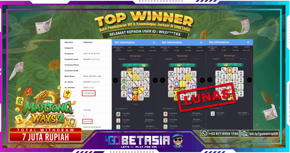 Bukti pembayaran Jackpot di GOBETASIA