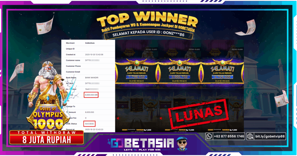 Bukti pembayaran Jackpot di GOBETASIA