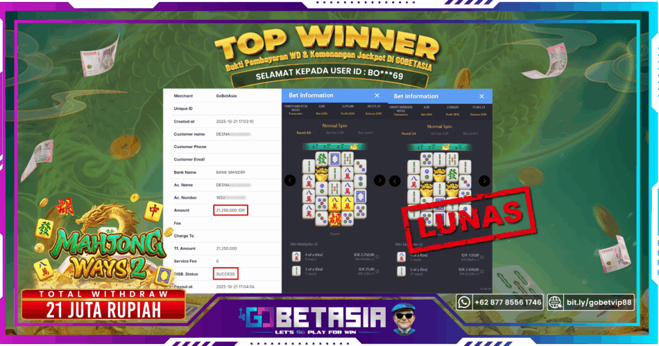 Bukti pembayaran Jackpot di GOBETASIA