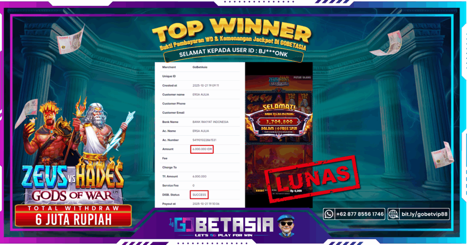 Bukti pembayaran Jackpot di GOBETASIA