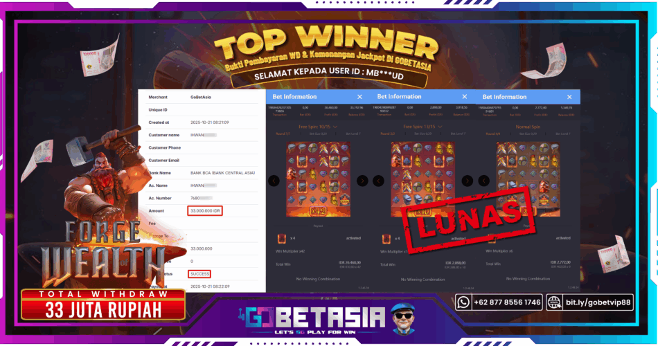 Bukti pembayaran Jackpot di GOBETASIA