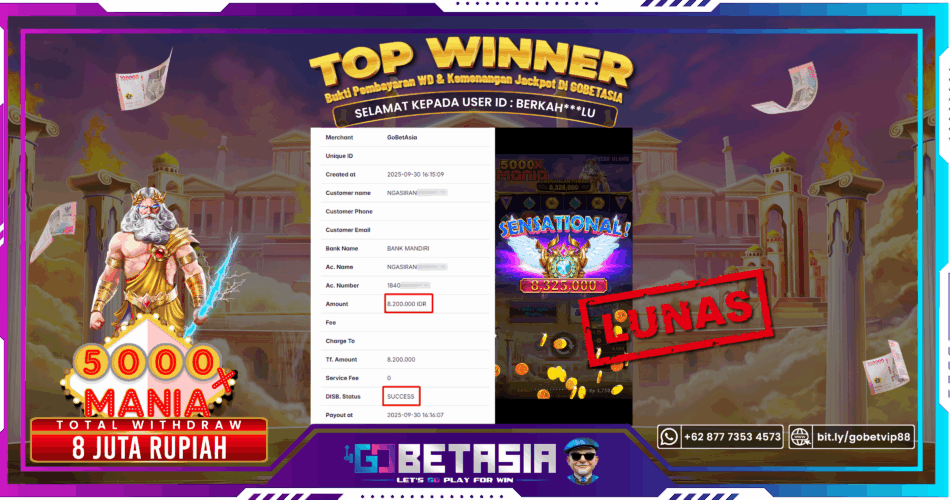 Bukti pembayaran Jackpot di GOBETASIA