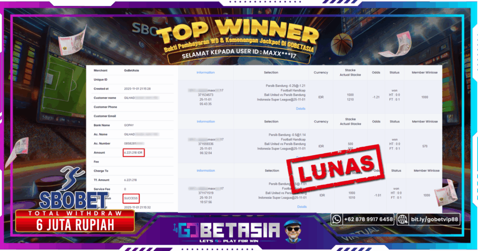 Bukti pembayaran Jackpot di GOBETASIA