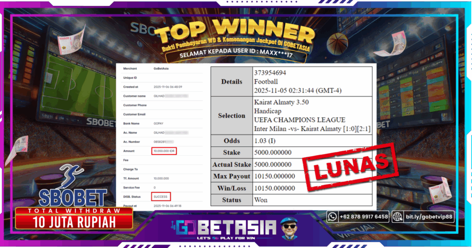 Bukti pembayaran Jackpot di GOBETASIA