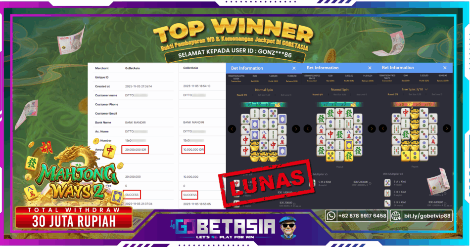 Bukti pembayaran Jackpot di GOBETASIA