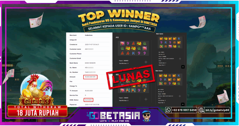 Bukti pembayaran Jackpot di GOBETASIA