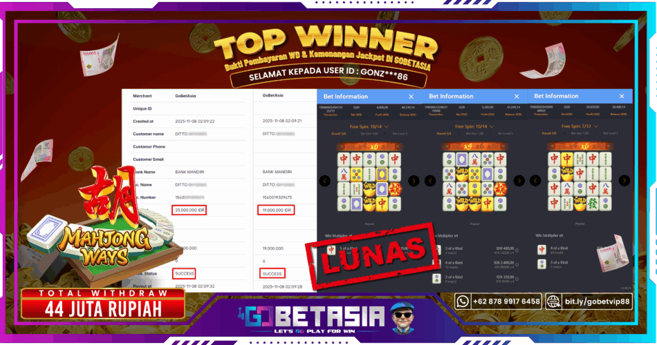 Bukti pembayaran Jackpot di GOBETASIA