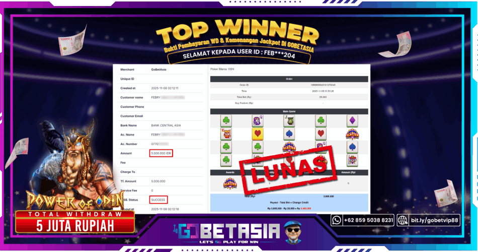 Bukti pembayaran Jackpot di GOBETASIA