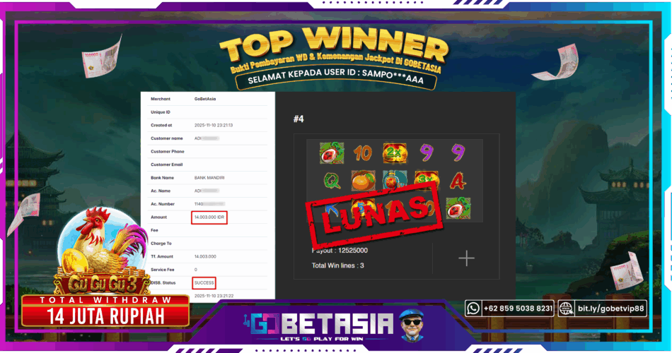 Bukti pembayaran Jackpot di GOBETASIA