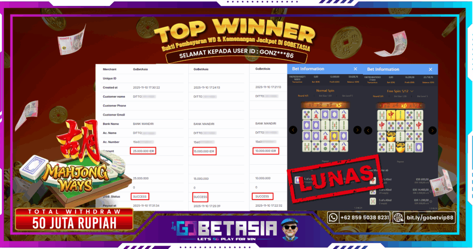 Bukti pembayaran Jackpot di GOBETASIA