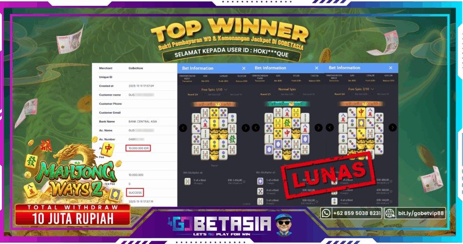 Bukti pembayaran Jackpot di GOBETASIA
