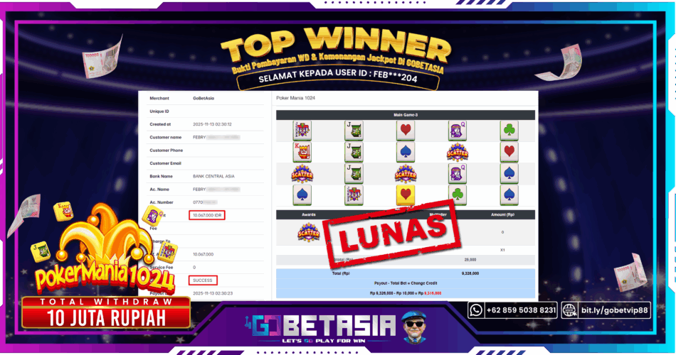 Bukti pembayaran Jackpot di GOBETASIA