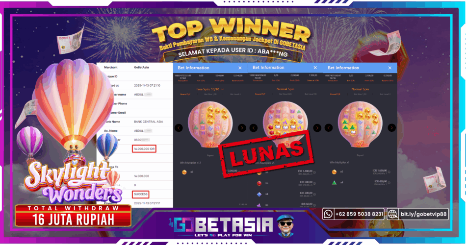 Bukti pembayaran Jackpot di GOBETASIA