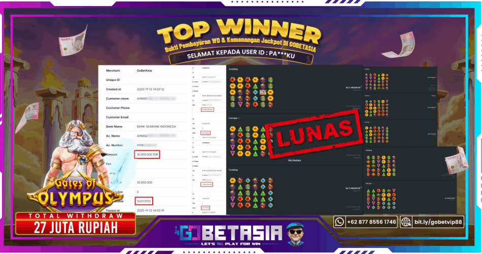 Bukti pembayaran Jackpot di GOBETASIA