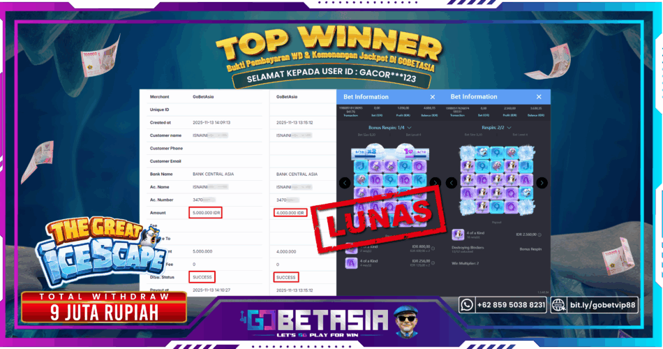 Bukti pembayaran Jackpot di GOBETASIA