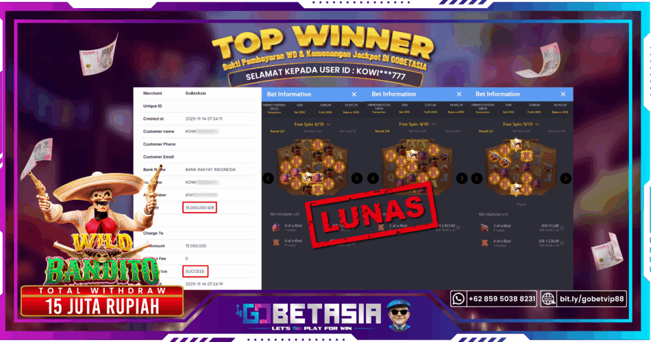 Bukti pembayaran Jackpot di GOBETASIA