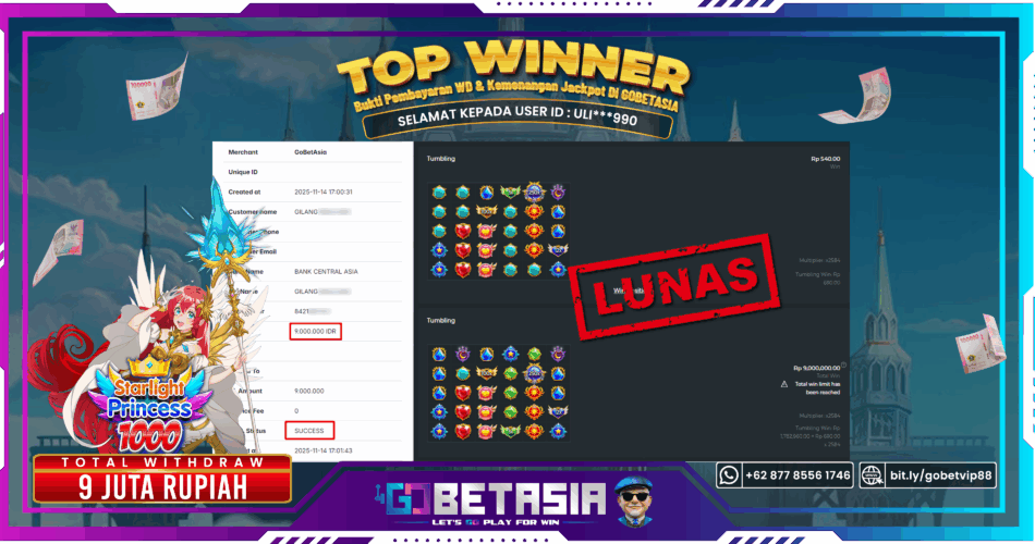 Bukti pembayaran Jackpot di GOBETASIA
