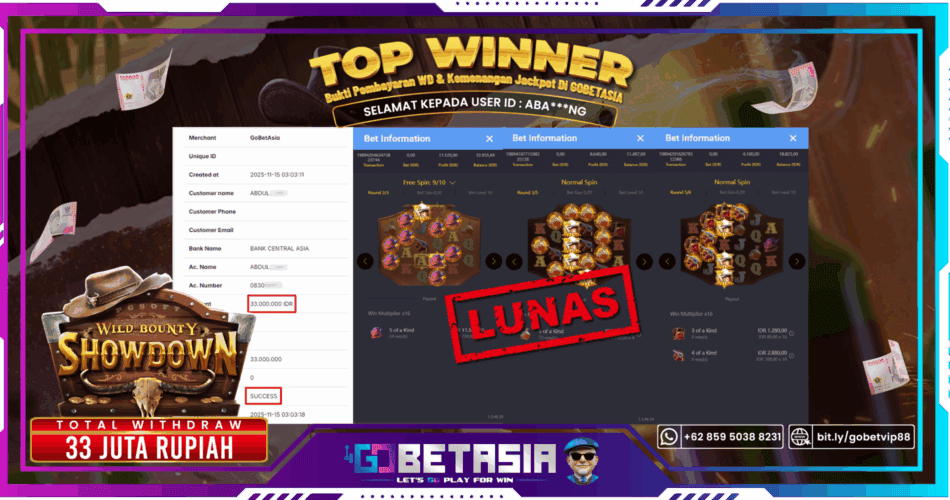 Bukti pembayaran Jackpot di GOBETASIA