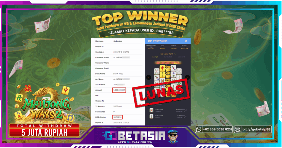 Bukti pembayaran Jackpot di GOBETASIA