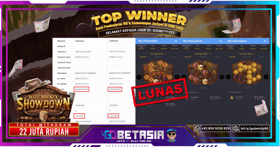 Bukti pembayaran Jackpot di GOBETASIA
