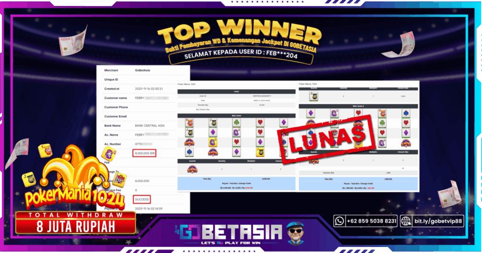 Bukti pembayaran Jackpot di GOBETASIA
