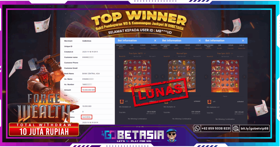 Bukti pembayaran Jackpot di GOBETASIA