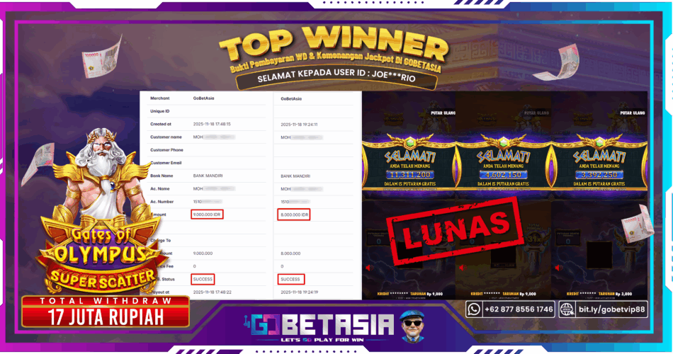 Bukti pembayaran Jackpot di GOBETASIA