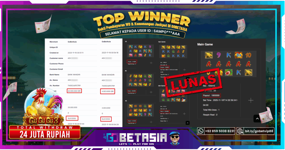 Bukti pembayaran Jackpot di GOBETASIA