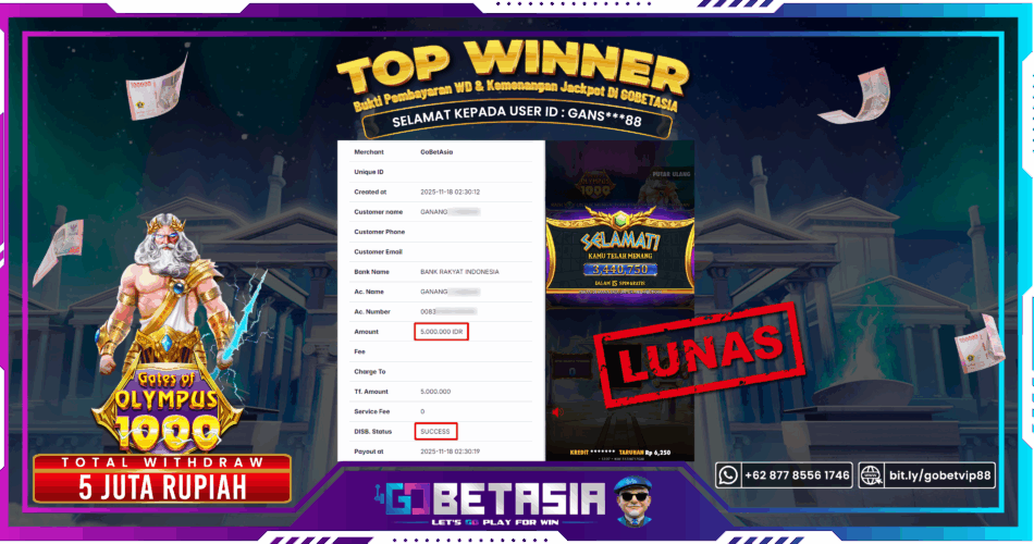 Bukti pembayaran Jackpot di GOBETASIA