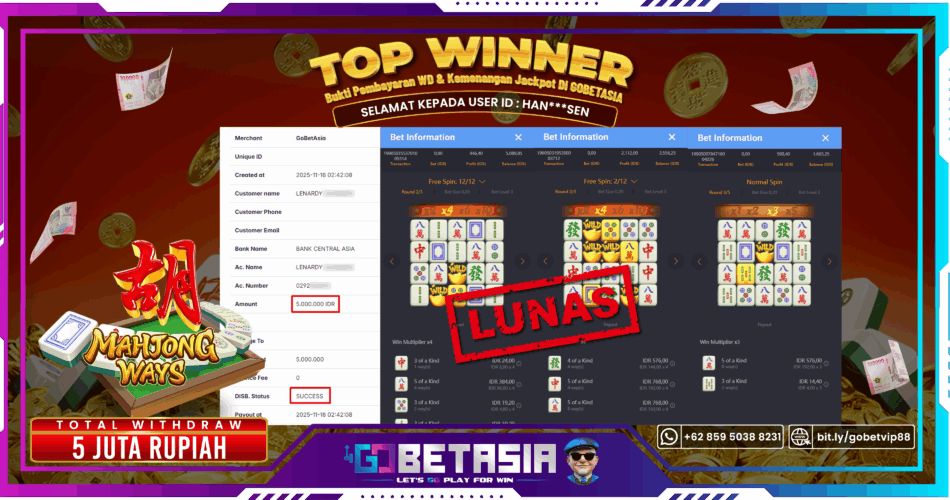 Bukti pembayaran Jackpot di GOBETASIA