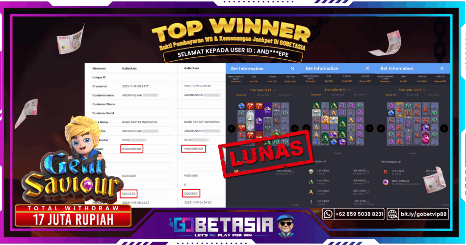 Bukti pembayaran Jackpot di GOBETASIA