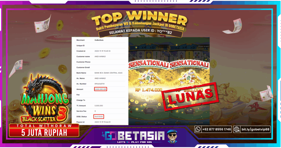 Bukti pembayaran Jackpot di GOBETASIA