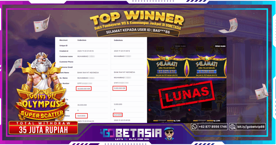 Bukti pembayaran Jackpot di GOBETASIA