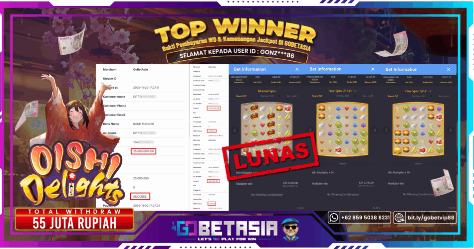 Bukti pembayaran Jackpot di GOBETASIA