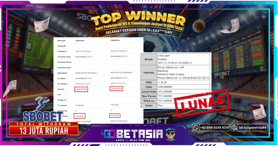 Bukti pembayaran Jackpot di GOBETASIA