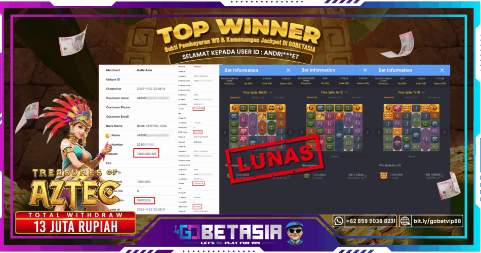 Bukti pembayaran Jackpot di GOBETASIA