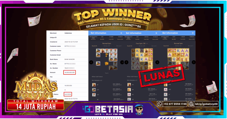 Bukti pembayaran Jackpot di GOBETASIA