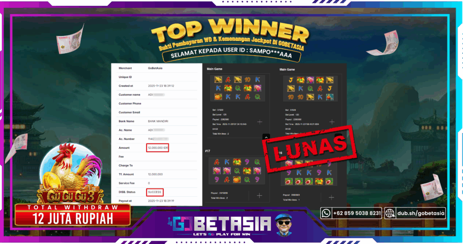 Bukti pembayaran Jackpot di GOBETASIA