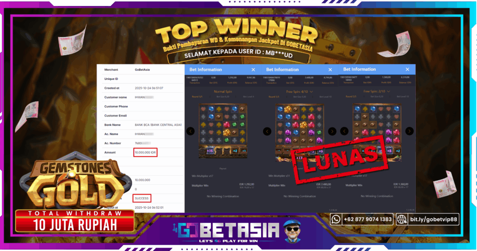 Bukti pembayaran Jackpot di GOBETASIA