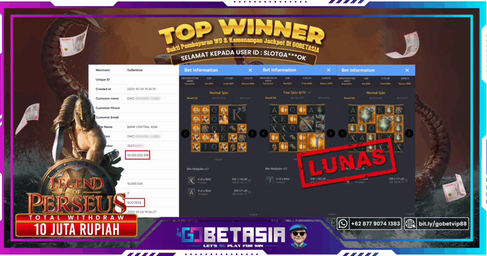 Bukti pembayaran Jackpot di GOBETASIA