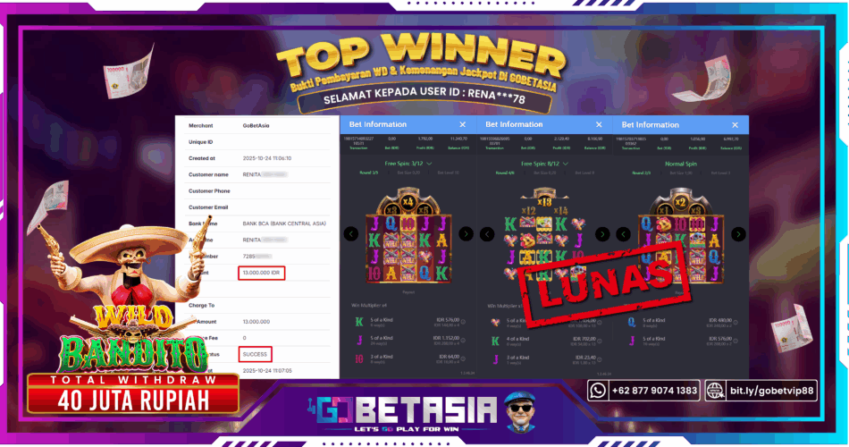 Bukti pembayaran Jackpot di GOBETASIA