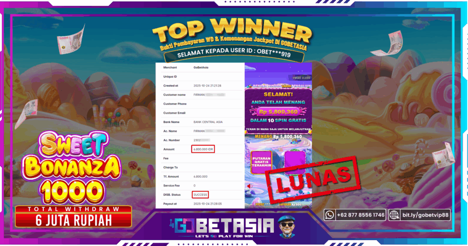 Bukti pembayaran Jackpot di GOBETASIA