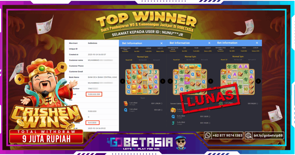Bukti pembayaran Jackpot di GOBETASIA