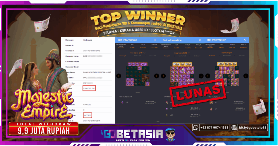 Bukti pembayaran Jackpot di GOBETASIA