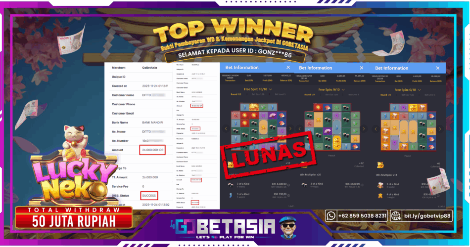 Bukti pembayaran Jackpot di GOBETASIA