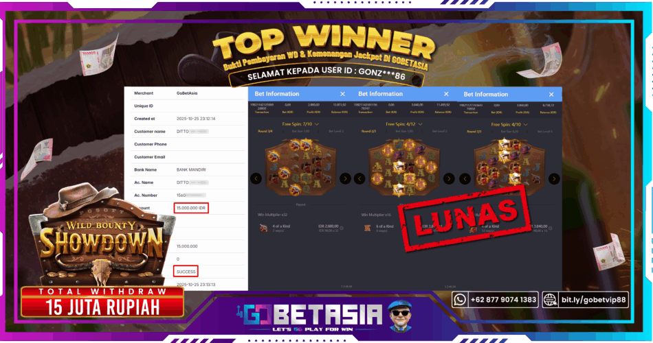 Bukti pembayaran Jackpot di GOBETASIA