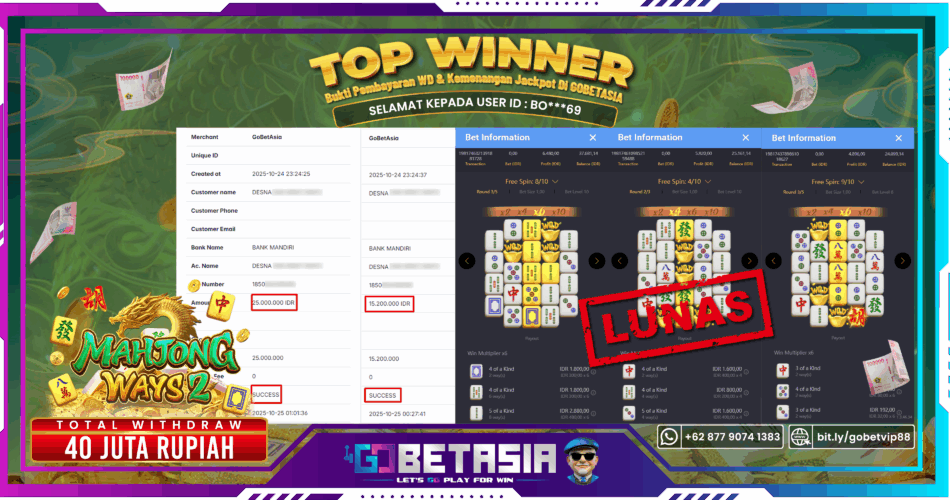Bukti pembayaran Jackpot di GOBETASIA