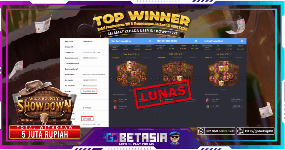 Bukti pembayaran Jackpot di GOBETASIA