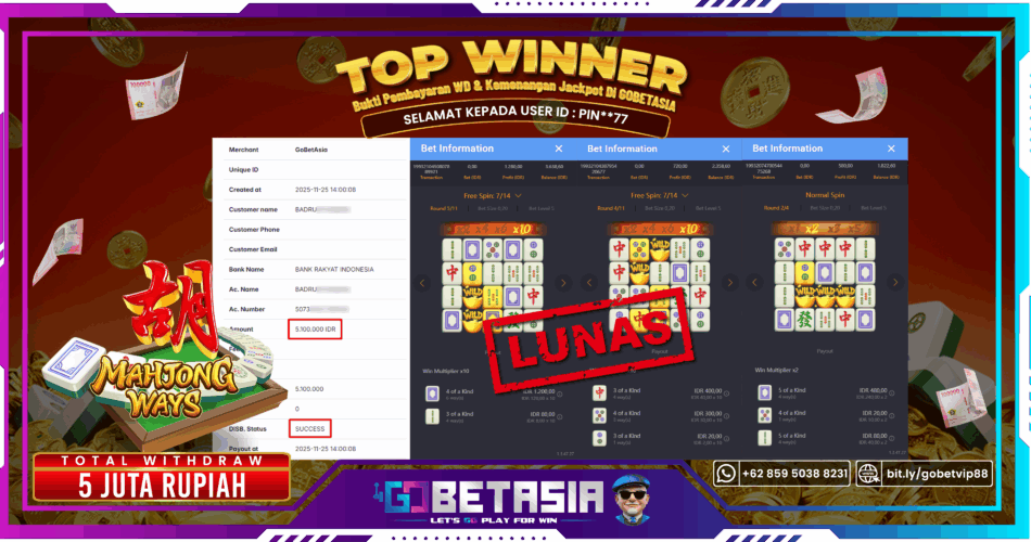 Bukti pembayaran Jackpot di GOBETASIA