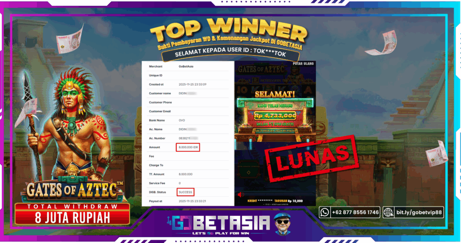 Bukti pembayaran Jackpot di GOBETASIA